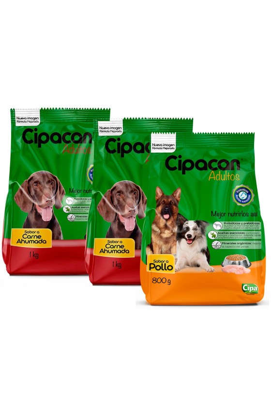 Tripack Cipacan Comida Para Perros Adultos 2 paq. Carne ahumada + 1 paq. Pollo 2.8kg