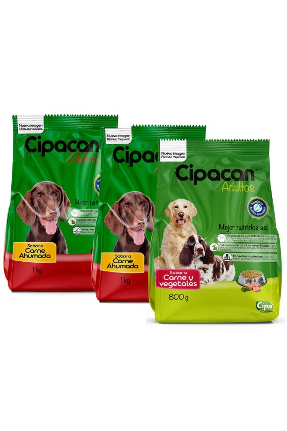 Tripack Cipacan Comida Para Perros Adultos 2 paq. Carne ahumada + 1 paq.Carne y vegetales 2.8kg