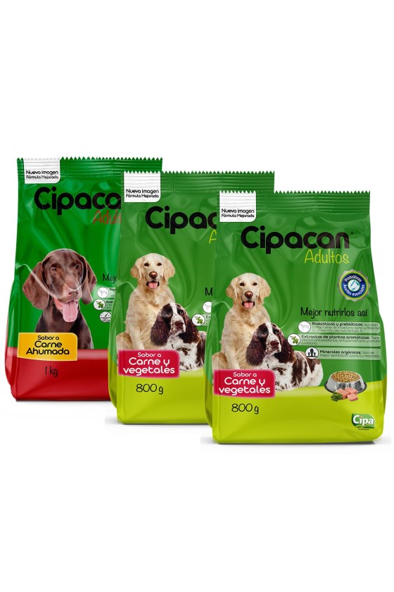 Tripack Cipacan Comida Para Perros Adultos 2 paq. Carne y Vegetales + 1 paq. Carne Ahumada 2.6kg