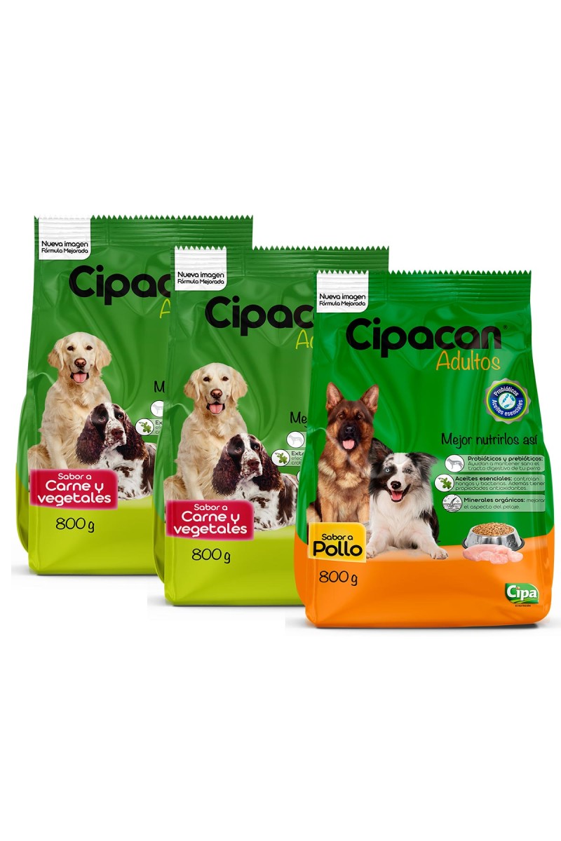 Tripack Cipacan Comida Para Perros Adultos 2 paq. Carne y vegetales + 1 paq. Pollo 2.4kg